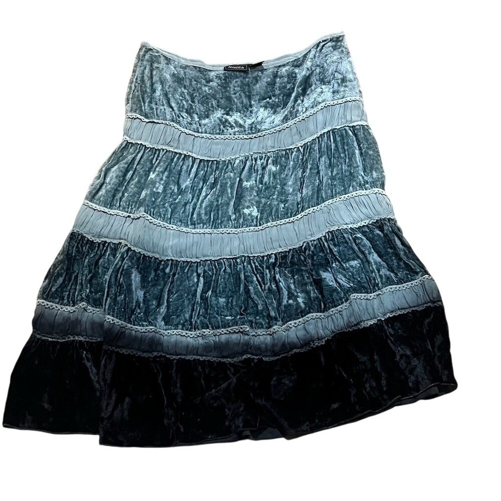 Nolita Skirt Womens Size M Blue Crushed Velvet Tiered A-Line Midi Lace